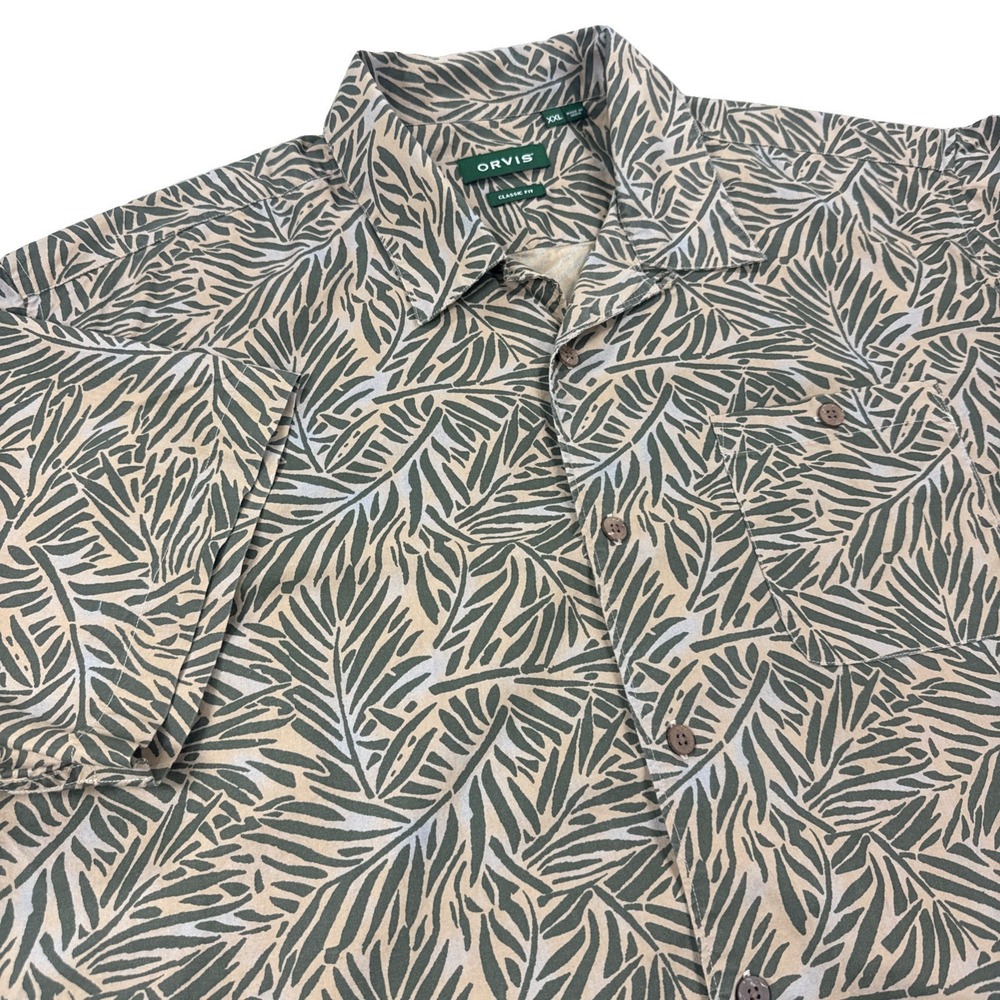 Orvis Shirt Men's XXL Green Classic Fit Tropical Palm Leaf Short Sleeve Cotton